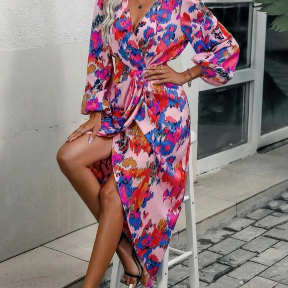 SHEIN Sleeve Twist Front Wrap Satin Dress - Picture 5 of 5